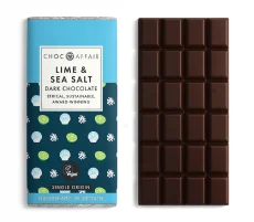 A dark chocolate bar with zesty lime and a hint of sea salt, creating a balanced sweet and savory taste.