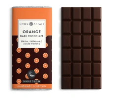 A dark chocolate bar with a rich orange flavor, offering a tangy and sweet experience.