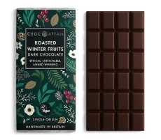 Dark chocolate bar featuring roasted fruits for a rich, deep, and naturally sweet taste.